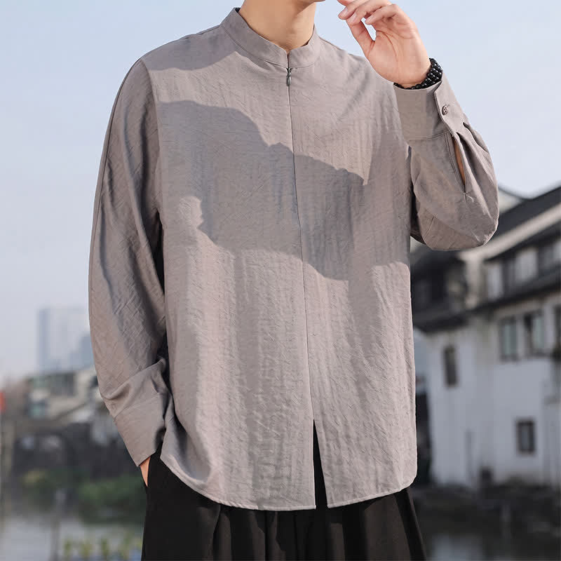 Buddha Stones Chemises à manches longues pour hommes, style minimaliste décontracté printemps-été, col mandarin, unies - image 5