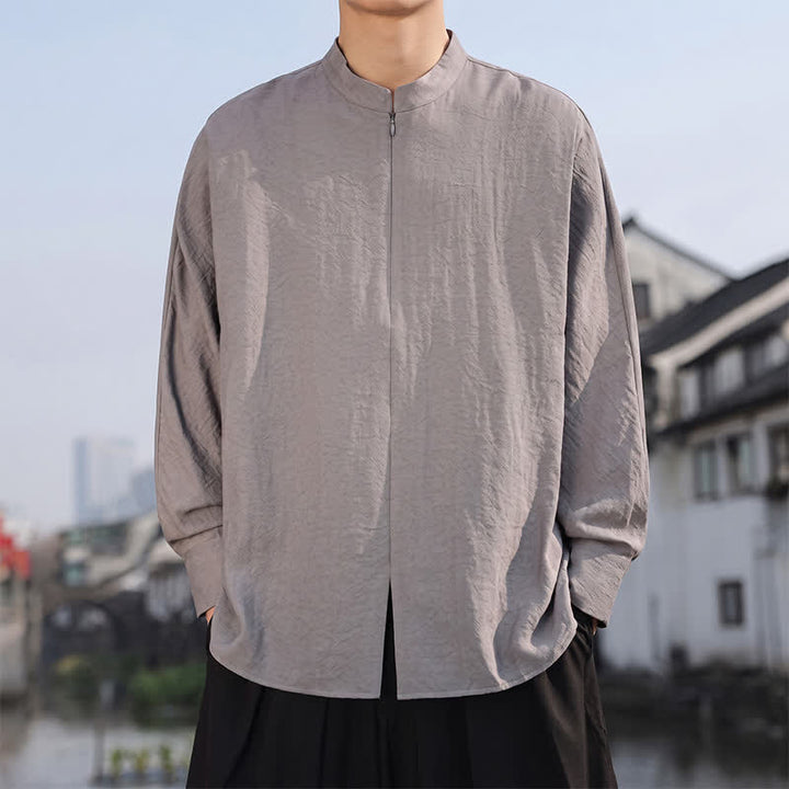 Buddha Stones Chemises à manches longues pour hommes, style minimaliste décontracté printemps-été, col mandarin, unies - image 1
