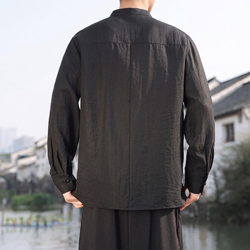 Buddha Stones Chemises à manches longues pour hommes, style minimaliste décontracté printemps-été, col mandarin, unies - image 17