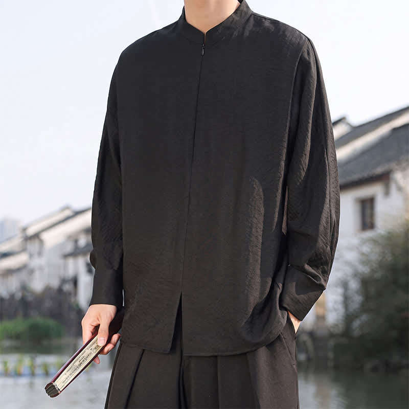 Buddha Stones Chemises à manches longues pour hommes, style minimaliste décontracté printemps-été, col mandarin, unies - image 14