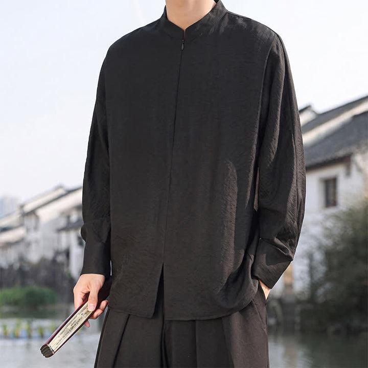 Buddha Stones Chemises à manches longues pour hommes, style minimaliste décontracté printemps-été, col mandarin, unies - image 14