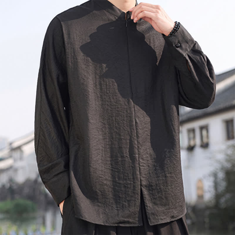 Buddha Stones Chemises à manches longues pour hommes, style minimaliste décontracté printemps-été, col mandarin, unies - image 12