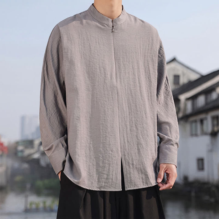 Buddha Stones Chemises à manches longues pour hommes, style minimaliste décontracté printemps-été, col mandarin, unies - image 3