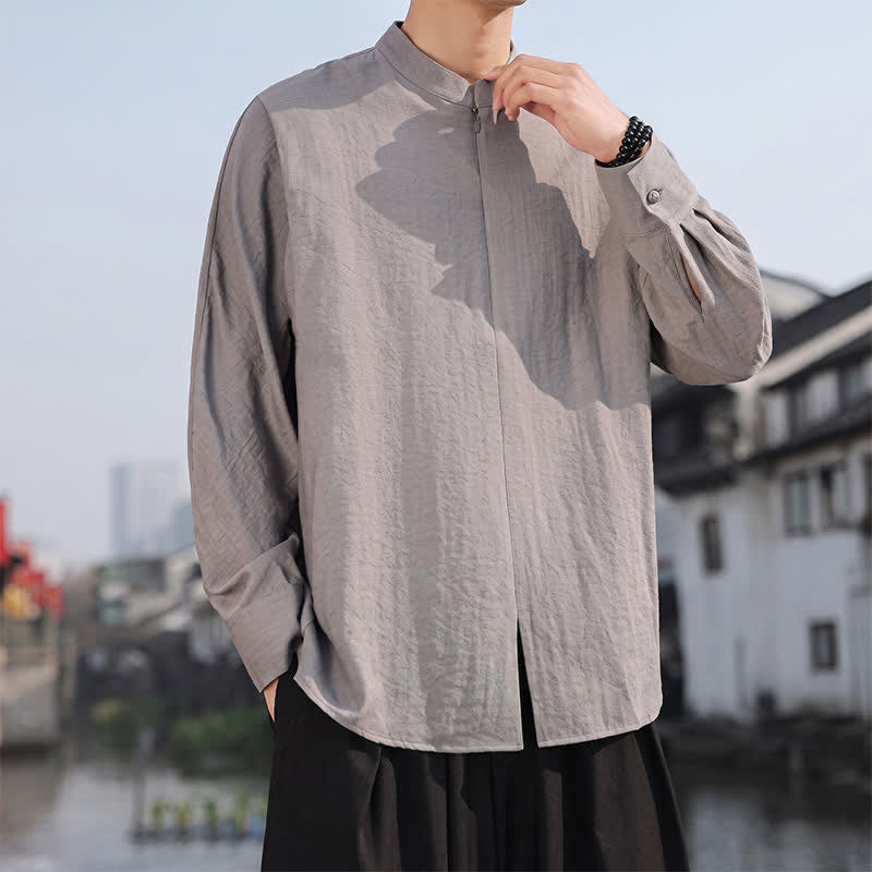 Buddha Stones Chemises à manches longues pour hommes, style minimaliste décontracté printemps-été, col mandarin, unies - image 2