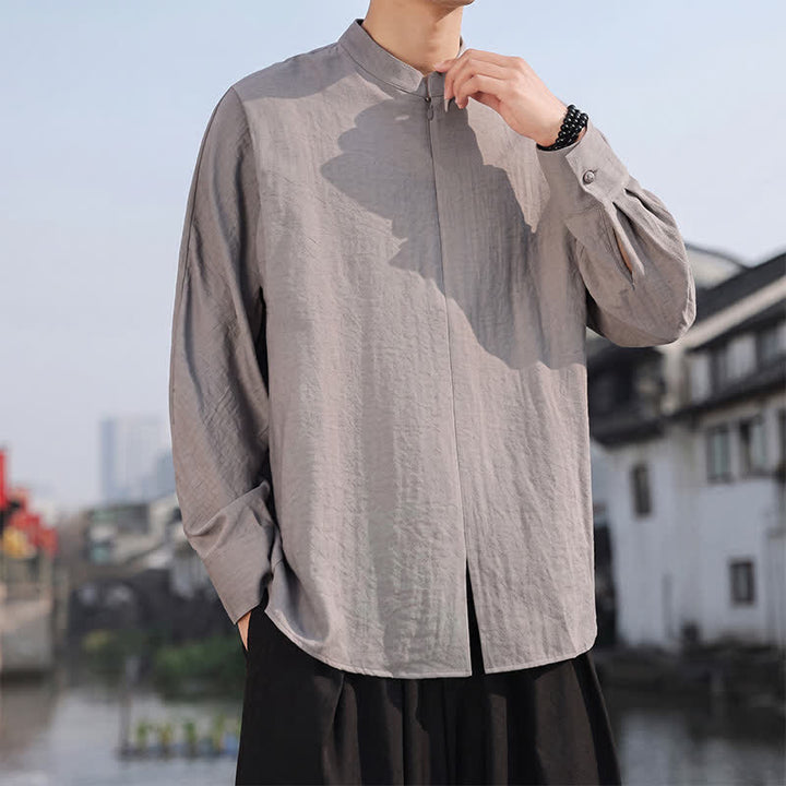 Buddha Stones Chemises à manches longues pour hommes, style minimaliste décontracté printemps-été, col mandarin, unies - image 2