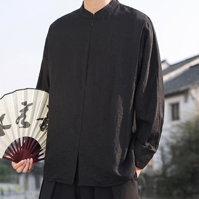 Buddha Stones Chemises à manches longues pour hommes, style minimaliste décontracté printemps-été, col mandarin, unies - image 15
