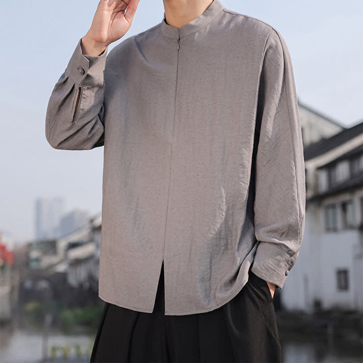 Buddha Stones Chemises à manches longues pour hommes, style minimaliste décontracté printemps-été, col mandarin, unies - Gris foncé - US/UK/AU46，EU56 (5XL) - image 0