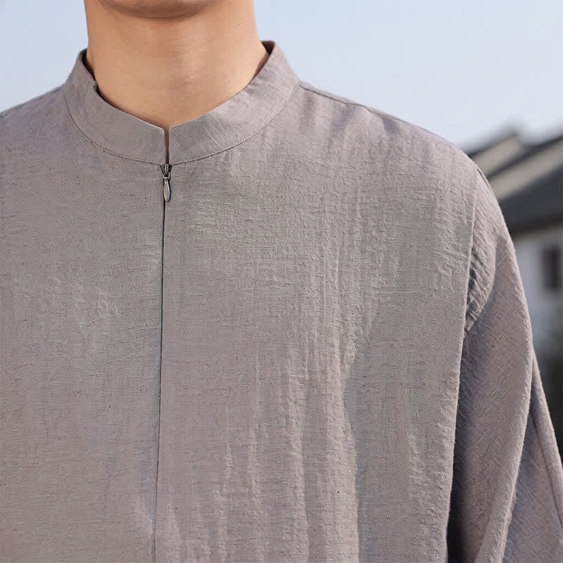 Buddha Stones Chemises à manches longues pour hommes, style minimaliste décontracté printemps-été, col mandarin, unies - image 9
