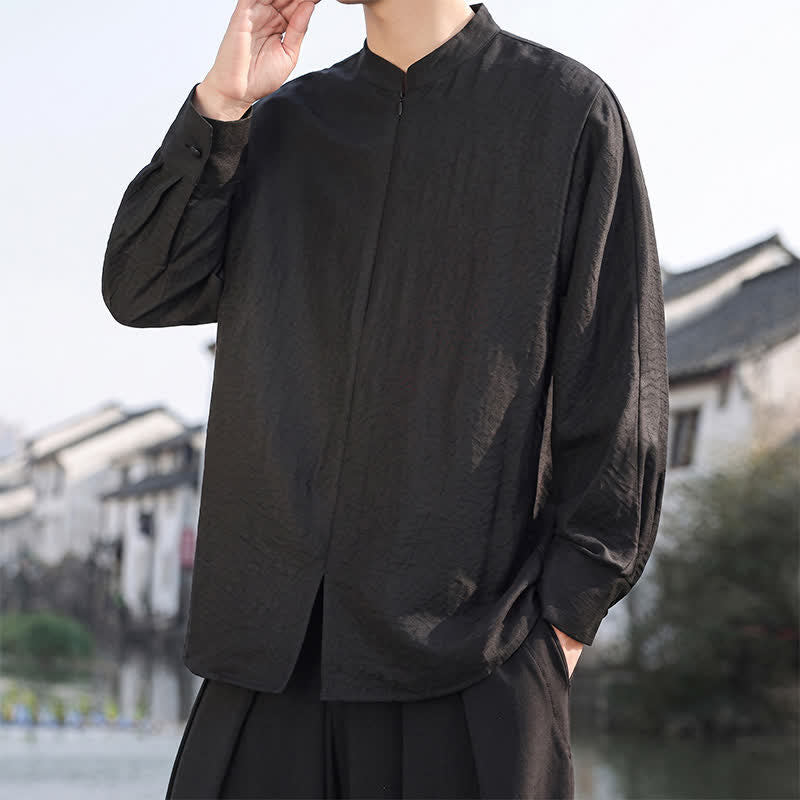 Buddha Stones Chemises à manches longues pour hommes, style minimaliste décontracté printemps-été, col mandarin, unies - image 16