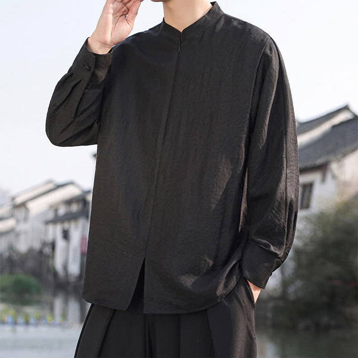Buddha Stones Chemises à manches longues pour hommes, style minimaliste décontracté printemps-été, col mandarin, unies - image 16