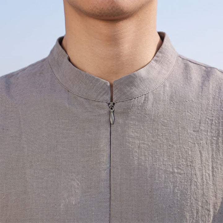 Buddha Stones Chemises à manches longues pour hommes, style minimaliste décontracté printemps-été, col mandarin, unies - image 8