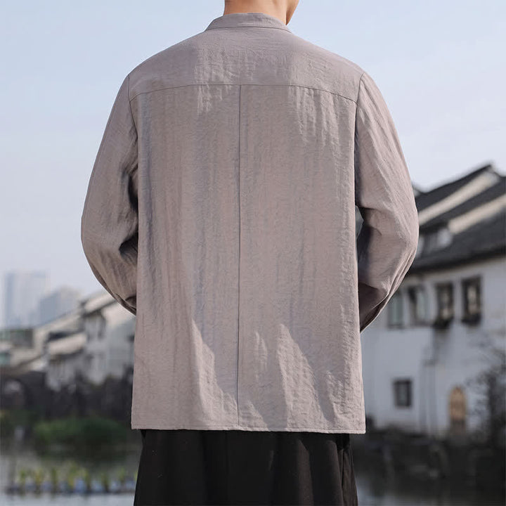 Buddha Stones Chemises à manches longues pour hommes, style minimaliste décontracté printemps-été, col mandarin, unies - image 7