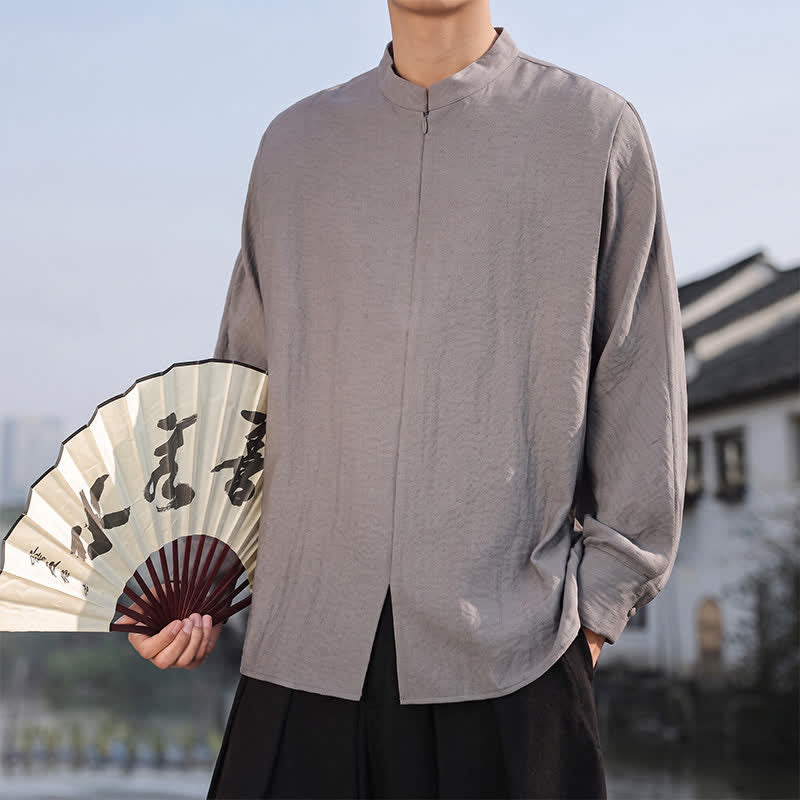 Buddha Stones Chemises à manches longues pour hommes, style minimaliste décontracté printemps-été, col mandarin, unies - image 6