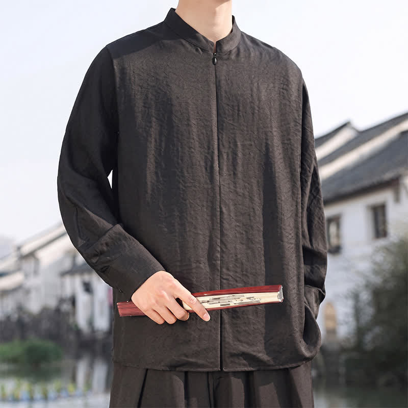 Buddha Stones Chemises à manches longues pour hommes, style minimaliste décontracté printemps-été, col mandarin, unies - image 11