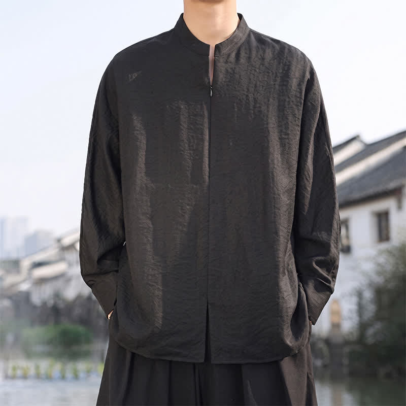 Buddha Stones Chemises à manches longues pour hommes, style minimaliste décontracté printemps-été, col mandarin, unies - Noir - US/UK/AU46，EU56 (5XL) - image 10