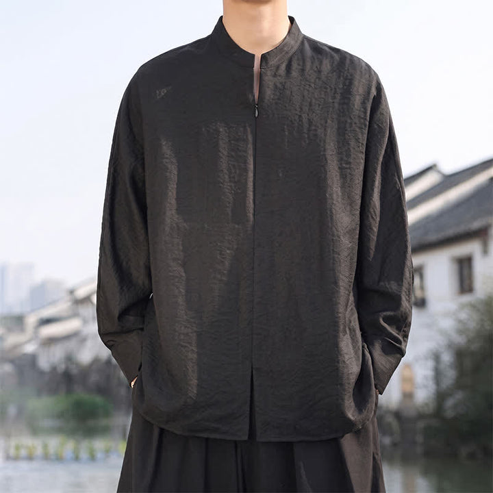 Buddha Stones Chemises à manches longues pour hommes, style minimaliste décontracté printemps-été, col mandarin, unies - Noir - US/UK/AU46，EU56 (5XL) - image 10