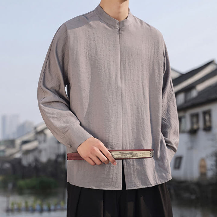 Buddha Stones Chemises à manches longues pour hommes, style minimaliste décontracté printemps-été, col mandarin, unies - image 4