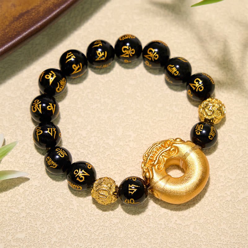 Buddha Stones Boucle de paix Pi Xiu en obsidienne noire, bracelet de richesse Om Mani Padme Hum - image 1