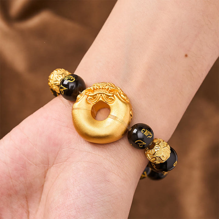 Buddha Stones Boucle de paix Pi Xiu en obsidienne noire, bracelet de richesse Om Mani Padme Hum - image 5