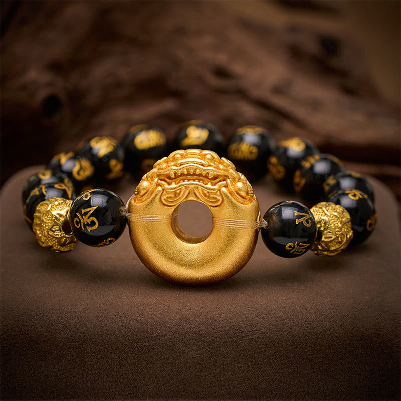 Buddha Stones Boucle de paix Pi Xiu en obsidienne noire, bracelet de richesse Om Mani Padme Hum - Obsidienne noire (Tour de poignet : 17–18 cm) - image 0