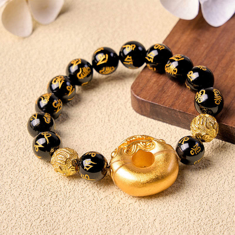 Buddha Stones Boucle de paix Pi Xiu en obsidienne noire, bracelet de richesse Om Mani Padme Hum - image 2