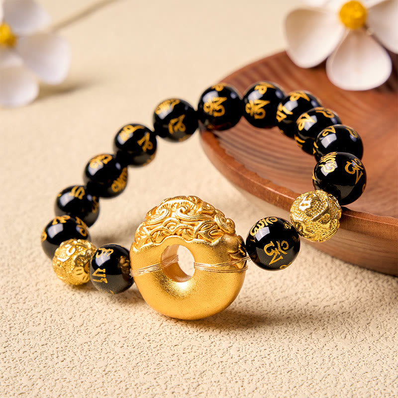 Buddha Stones Boucle de paix Pi Xiu en obsidienne noire, bracelet de richesse Om Mani Padme Hum - image 3