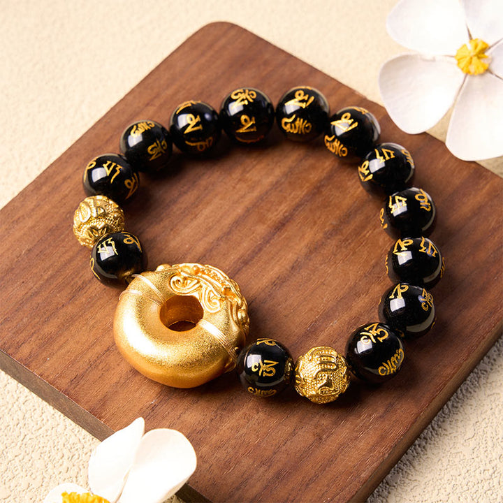 Buddha Stones Boucle de paix Pi Xiu en obsidienne noire, bracelet de richesse Om Mani Padme Hum - image 4