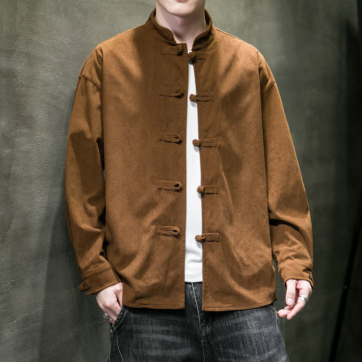 Buddha Stones Veste homme décontractée automne-hiver style Tang à boutons brandebourg en coton uni - Terre de sienne - US/UK/AU46，EU56 (5XL) - image 0
