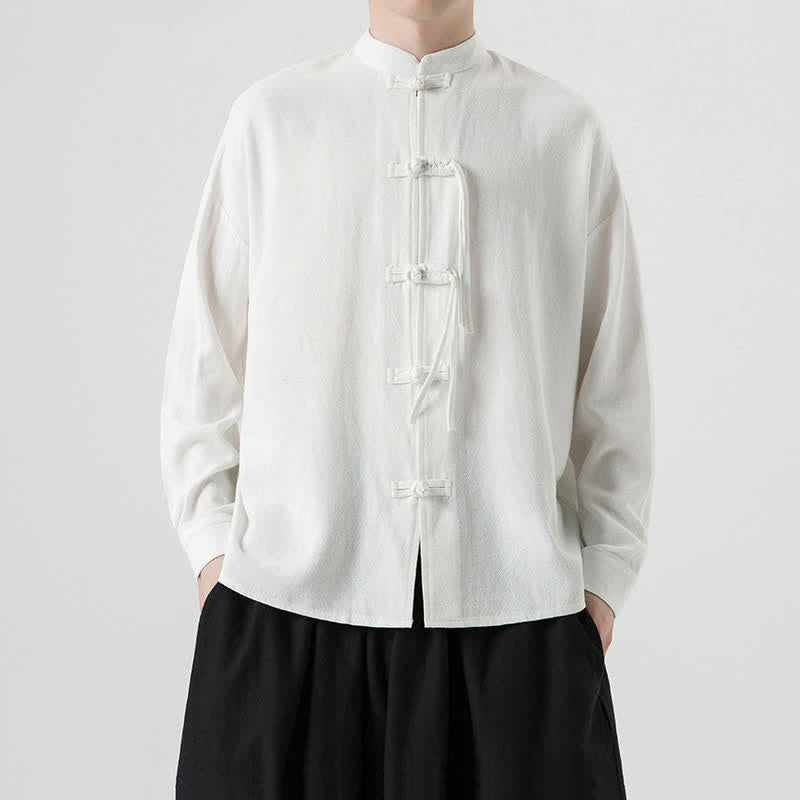 Buddha Stones Veste homme automne-hiver style Tang vintage à boutons grenouille en coton et lin uni - Blanc - US/UK/AU46，EU56 (5XL) - image 9
