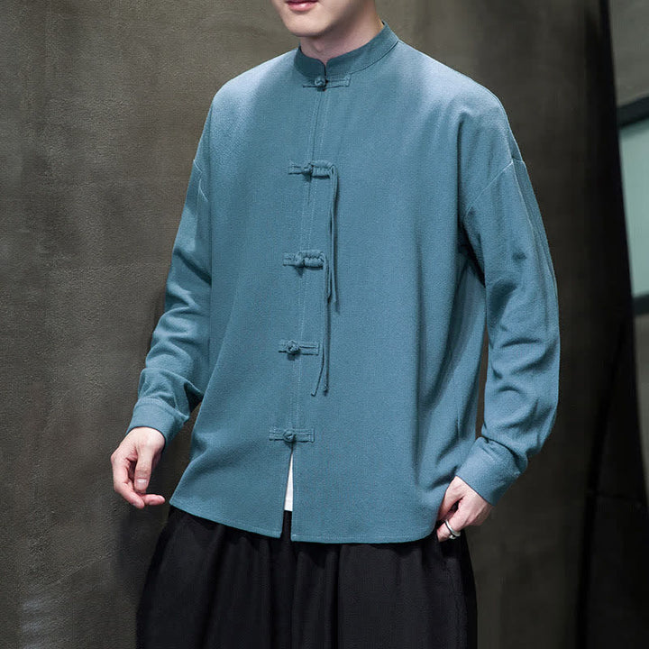 Buddha Stones Veste homme automne-hiver style Tang vintage à boutons grenouille en coton et lin uni - image 2