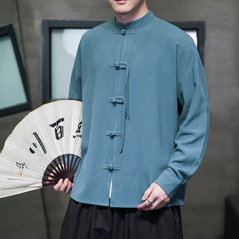 Buddha Stones Veste homme automne-hiver style Tang vintage à boutons grenouille en coton et lin uni - image 4