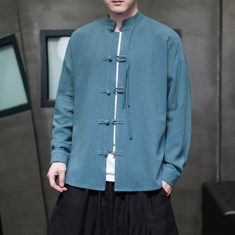 Buddha Stones Veste homme automne-hiver style Tang vintage à boutons grenouille en coton et lin uni - CadetBlue - US/UK/AU46，EU56 (5XL) - image 0
