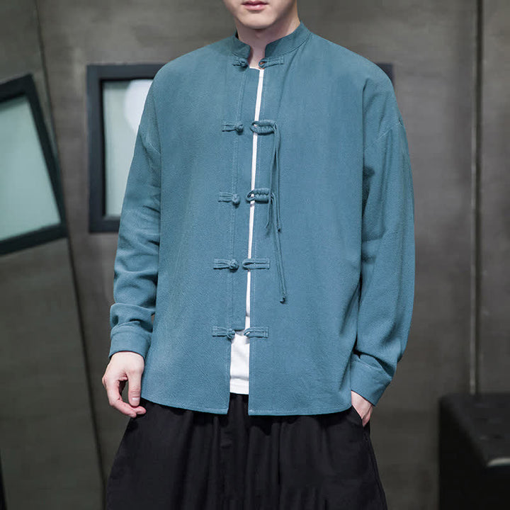 Buddha Stones Veste homme automne-hiver style Tang vintage à boutons grenouille en coton et lin uni - CadetBlue - US/UK/AU46，EU56 (5XL) - image 0