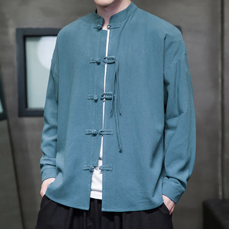 Buddha Stones Veste homme automne-hiver style Tang vintage à boutons grenouille en coton et lin uni - image 5