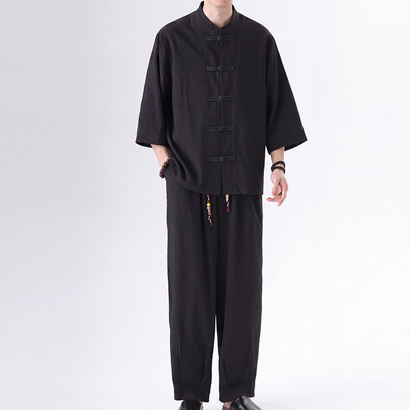 Buddha Stones Ensemble chemise et pantalon unis à manches trois-quarts, style Spring Tang, avec poches, idéal pour la méditation. - image 1