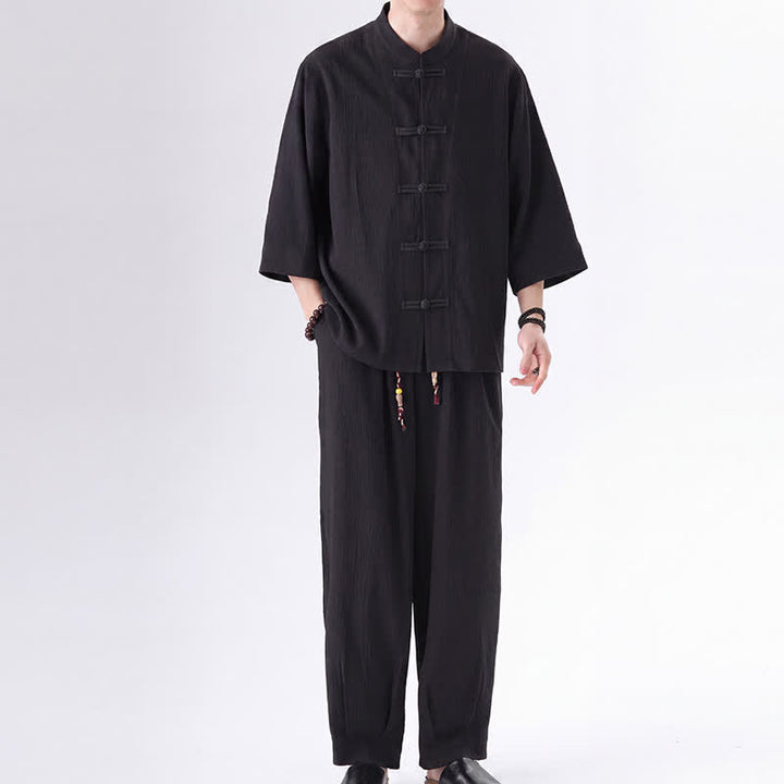 Buddha Stones Ensemble chemise et pantalon unis à manches trois-quarts, style Spring Tang, avec poches, idéal pour la méditation. - image 1