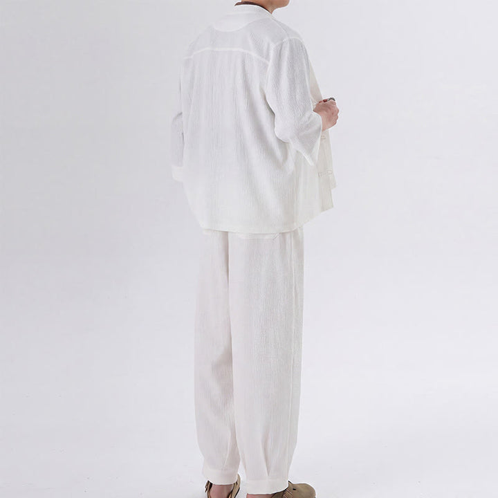 Buddha Stones Ensemble chemise et pantalon unis à manches trois-quarts, style Spring Tang, avec poches, idéal pour la méditation. - image 14
