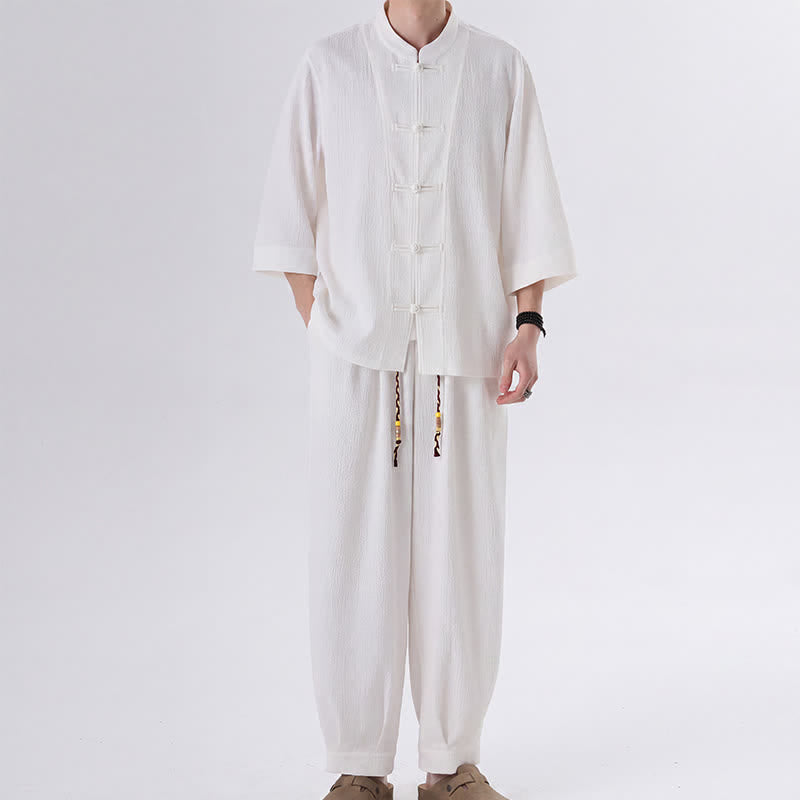 Buddha Stones Ensemble chemise et pantalon unis à manches trois-quarts, style Spring Tang, avec poches, idéal pour la méditation. - Blanc - US/UK/AU46，EU56 (5XL) - image 12