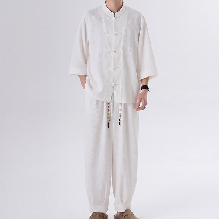 Buddha Stones Ensemble chemise et pantalon unis à manches trois-quarts, style Spring Tang, avec poches, idéal pour la méditation. - Blanc - US/UK/AU46，EU56 (5XL) - image 12