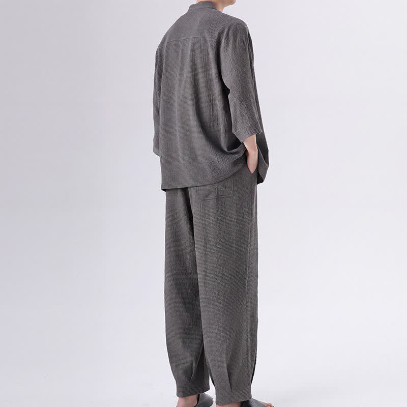 Buddha Stones Ensemble chemise et pantalon unis à manches trois-quarts, style Spring Tang, avec poches, idéal pour la méditation. - image 10
