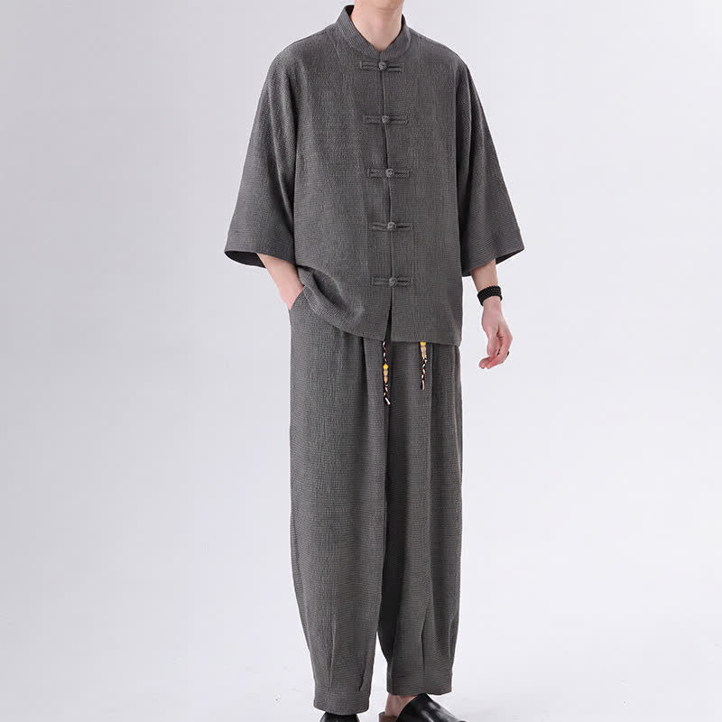 Buddha Stones Ensemble chemise et pantalon unis à manches trois-quarts, style Spring Tang, avec poches, idéal pour la méditation. - Gris terne - US/UK/AU46，EU56 (5XL) - image 9