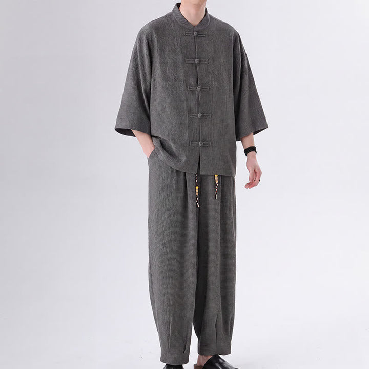 Buddha Stones Ensemble chemise et pantalon unis à manches trois-quarts, style Spring Tang, avec poches, idéal pour la méditation. - Gris terne - US/UK/AU46，EU56 (5XL) - image 9