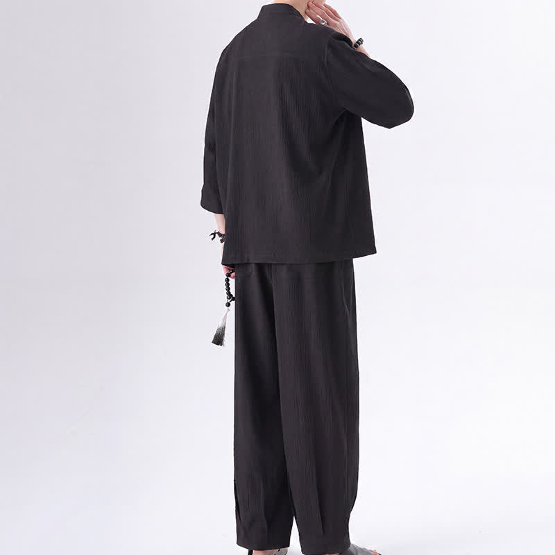 Buddha Stones Ensemble chemise et pantalon unis à manches trois-quarts, style Spring Tang, avec poches, idéal pour la méditation. - image 2