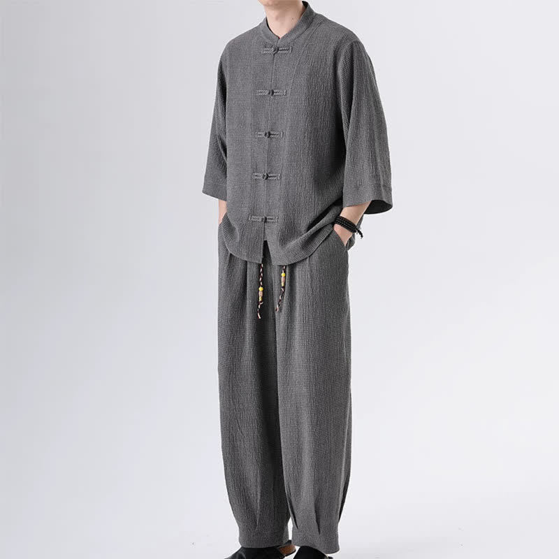 Buddha Stones Ensemble chemise et pantalon unis à manches trois-quarts, style Spring Tang, avec poches, idéal pour la méditation. - image 11