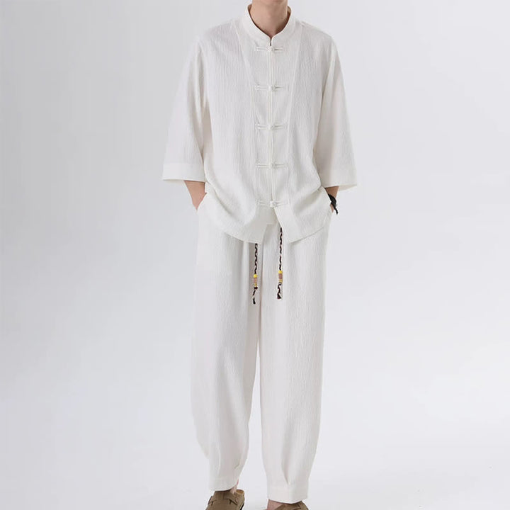 Buddha Stones Ensemble chemise et pantalon unis à manches trois-quarts, style Spring Tang, avec poches, idéal pour la méditation. - image 13