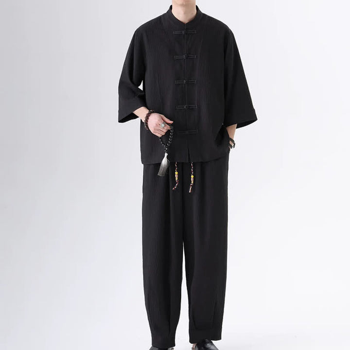 Buddha Stones Ensemble chemise et pantalon unis à manches trois-quarts, style Spring Tang, avec poches, idéal pour la méditation. - Noir - US/UK/AU46，EU56 (5XL) - image 0