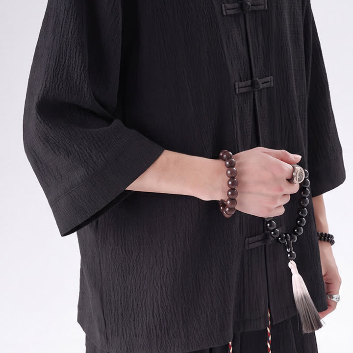 Buddha Stones Ensemble chemise et pantalon unis à manches trois-quarts, style Spring Tang, avec poches, idéal pour la méditation. - image 4