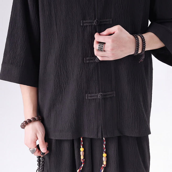 Buddha Stones Ensemble chemise et pantalon unis à manches trois-quarts, style Spring Tang, avec poches, idéal pour la méditation. - image 5