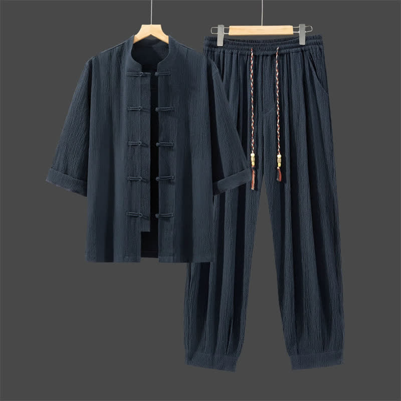 Buddha Stones Ensemble chemise et pantalon unis à manches trois-quarts, style Spring Tang, avec poches, idéal pour la méditation. - Bleu nuit - US/UK/AU46，EU56 (5XL) - image 16