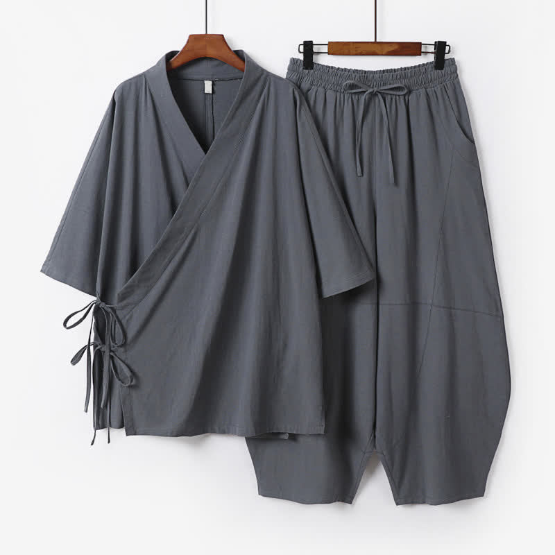 Buddha Stones Ensemble 2 pièces printemps-été minimaliste en coton avec cordon de serrage, manches 3/4 et pantalon, idéal pour la méditation, avec poches. - Gris ardoise - US/UK/AU54，EU64 (9XL) - image 0